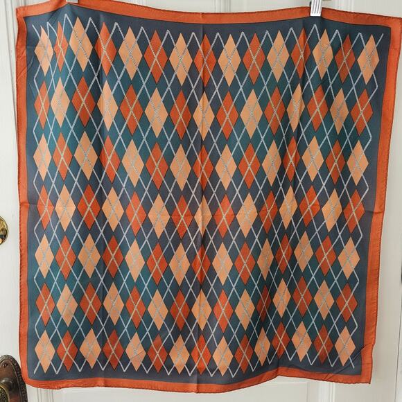 Vintage green brown white argyle plaid retro trad 70s scarf acetate - Picture 1 of 3